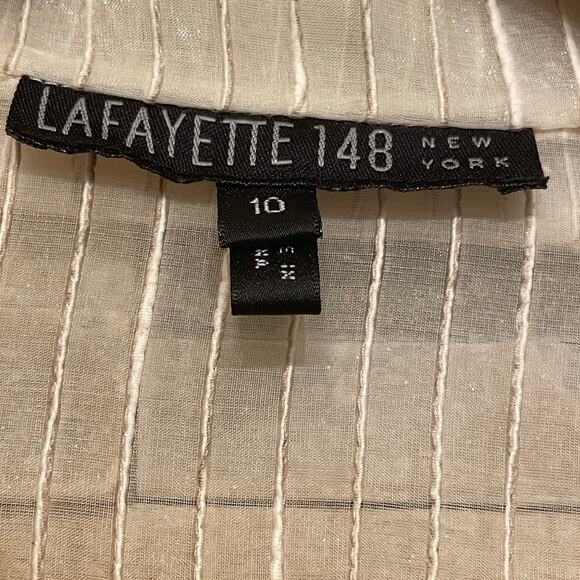 Lafayette 148 NY Silk Linen Sheer Blouse 10 | Neutral Stripe Button Shirt $400 - Picture 5 of 5